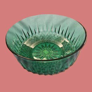 Vintage emerald green glass bowl by Acroroc France starburst stardiamond pattern